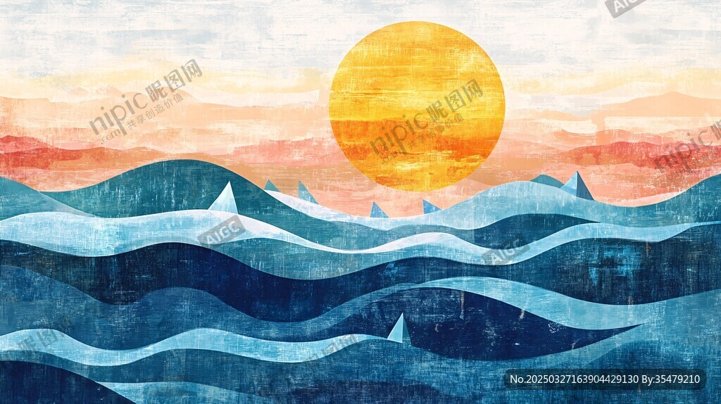 海上落日下的涌動波浪