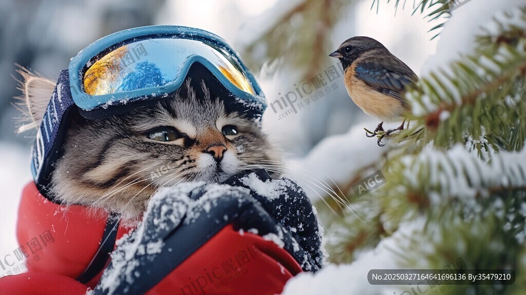 萌貓雪地裝扮與小鳥同框