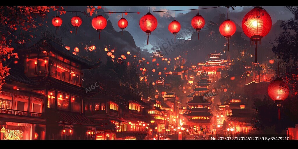 古村夜景 紅燈籠映照美景