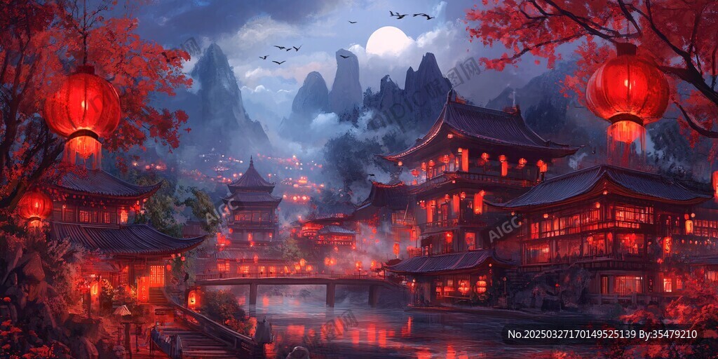 夢幻中式夜景 紅燈映古建