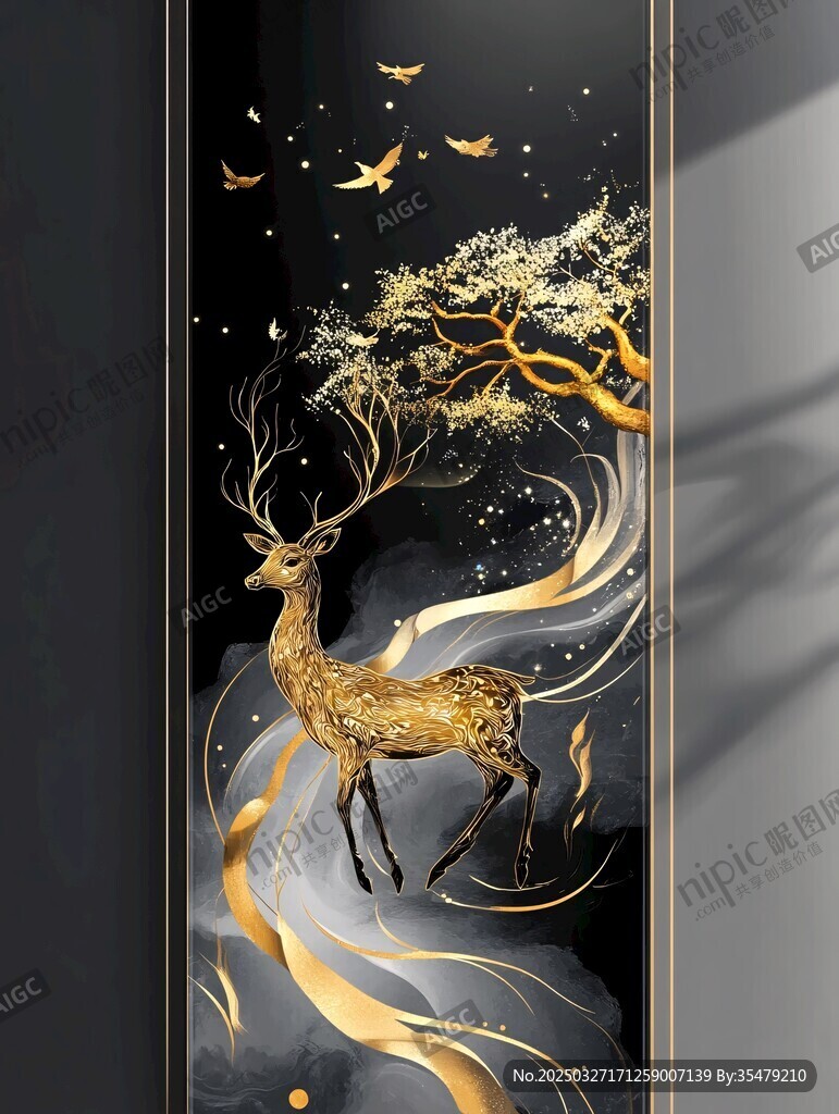 金色麋鹿與飛鳥夢幻圖景