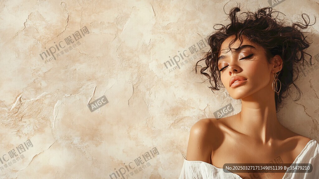 閉眼休憩的卷發(fā)魅力女性