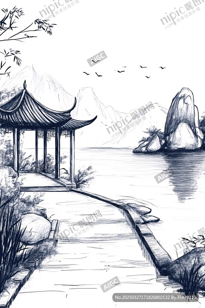 湖畔古亭水墨風(fēng)景圖