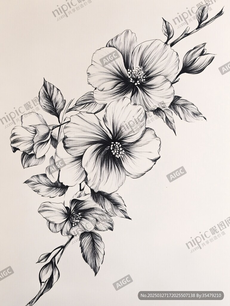 黑白扶桑花手繪插畫