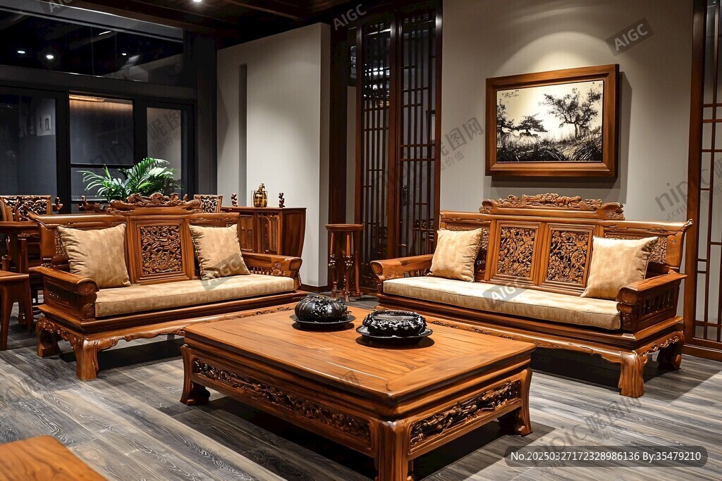 中式實(shí)木雕花沙發(fā)客廳場(chǎng)景