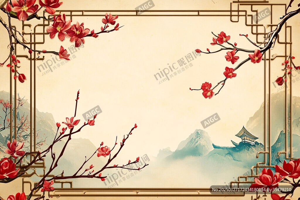 中式紅梅山水古風(fēng)邊框圖