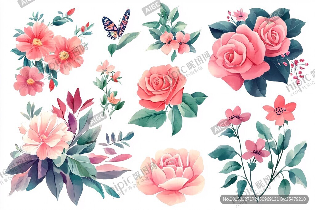 粉色花卉插畫素材集合