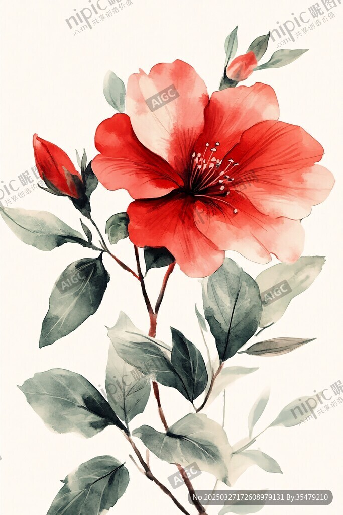 水墨風嬌艷紅花朵插畫