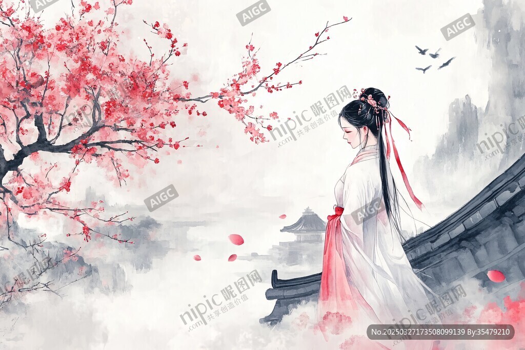 古風(fēng)佳人賞櫻圖