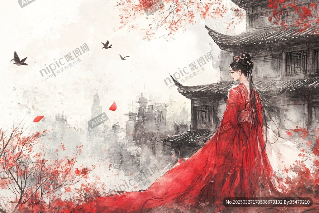 紅衣佳人立古景