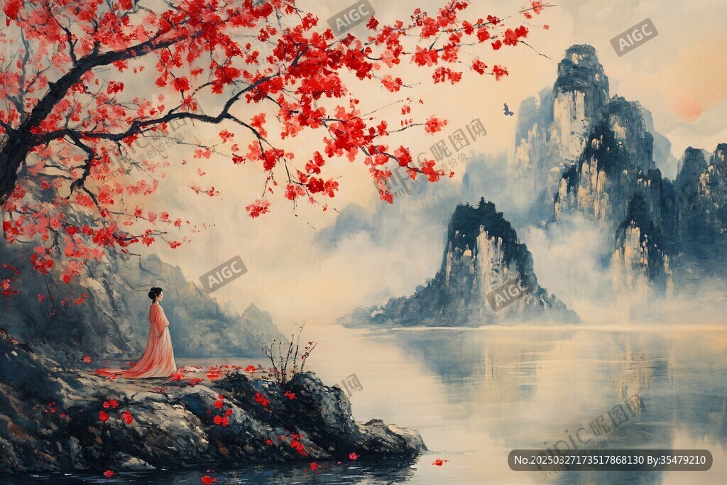 紅衣佳人賞秋山湖畔景
