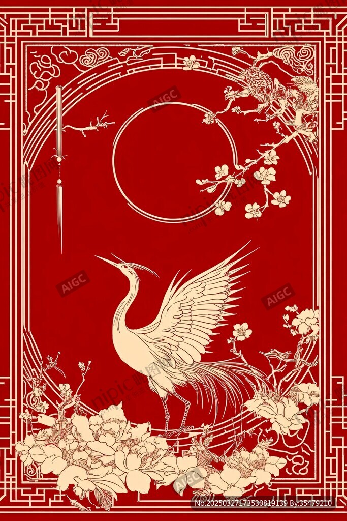 中式紅底仙鶴花卉裝飾圖