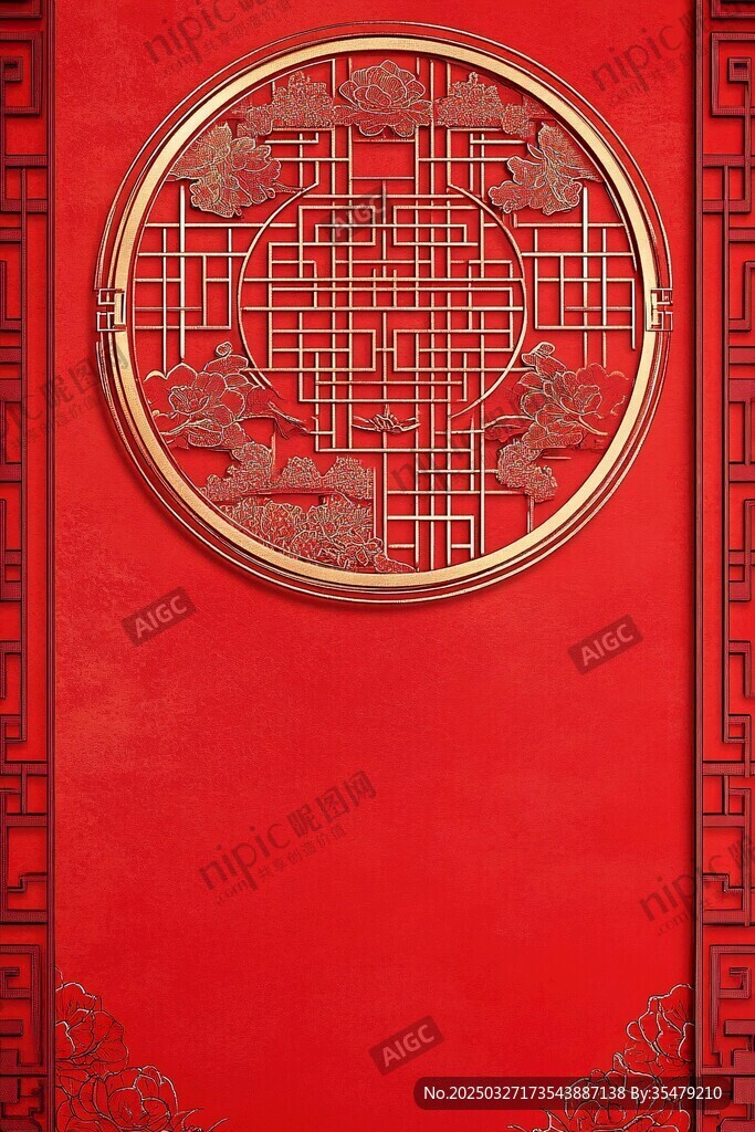 中式紅墻圓形雕花裝飾