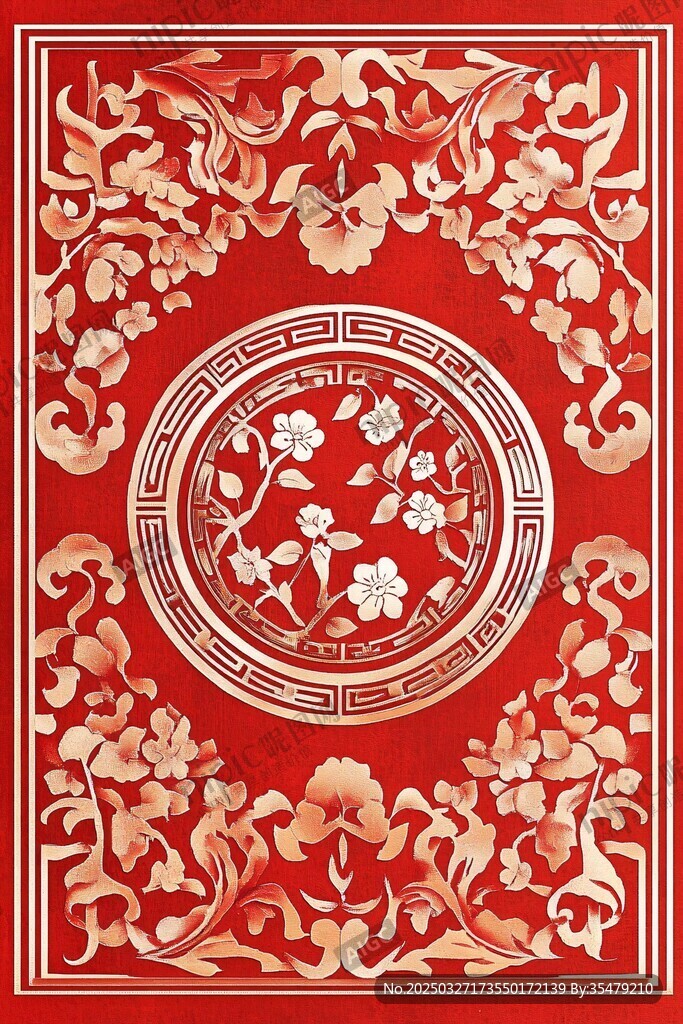 中式紅金花卉古典紋樣
