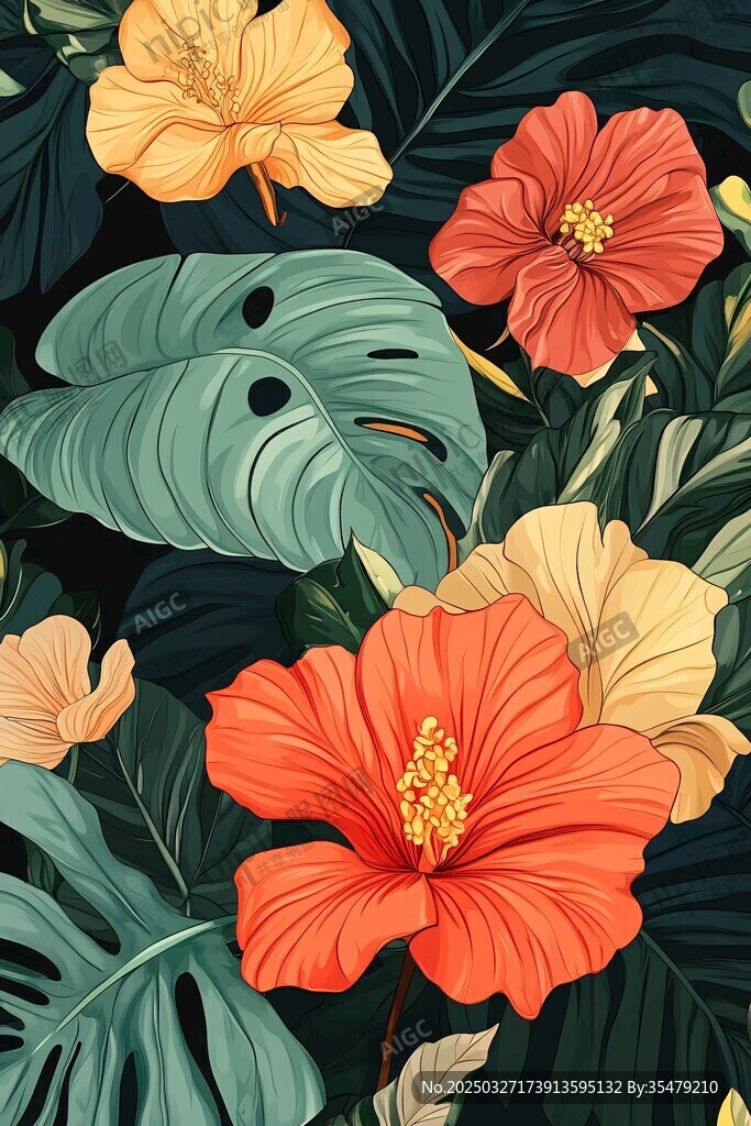 熱帶花卉與綠葉插畫
