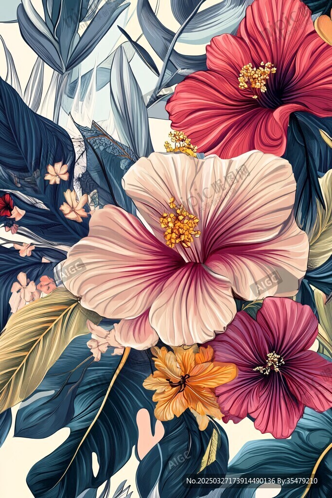 熱帶花卉植物精美插畫