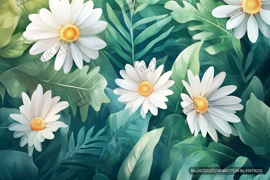 清新雛菊與綠葉插畫