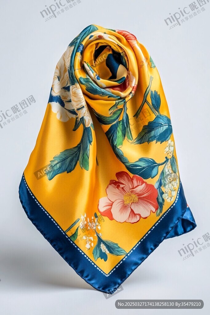 黃色花卉圖案絲綢方巾
