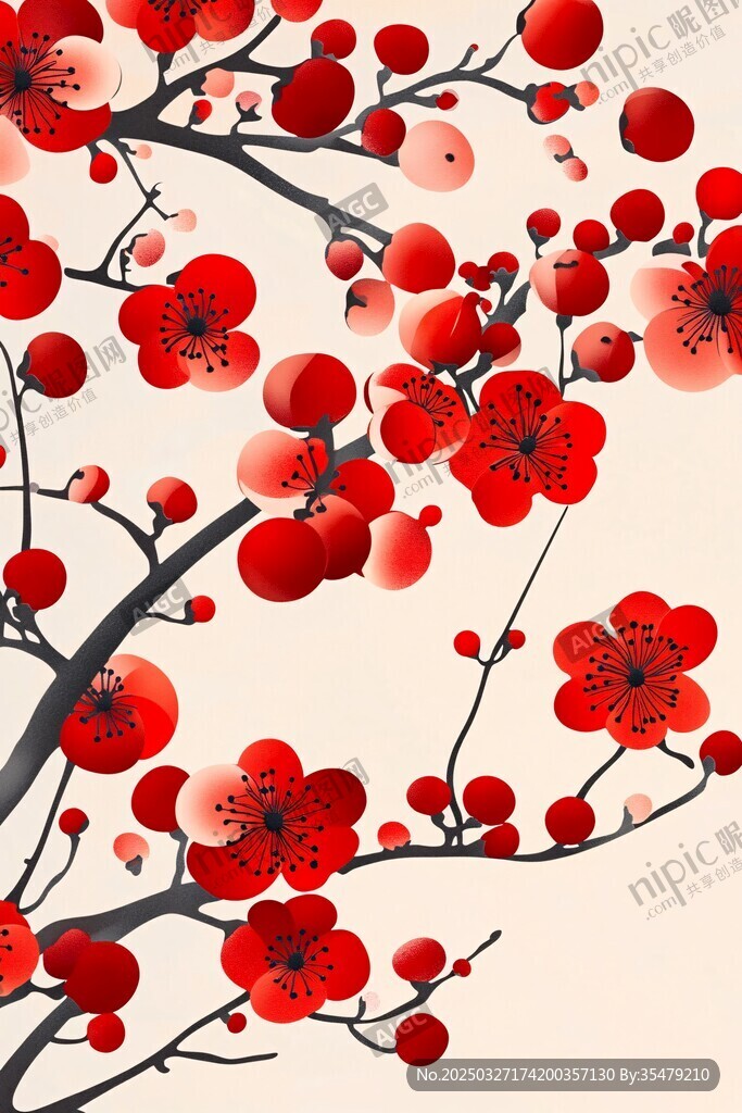 紅梅綻放枝頭圖