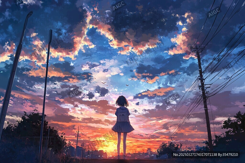 少女獨賞絢爛黃昏美景
