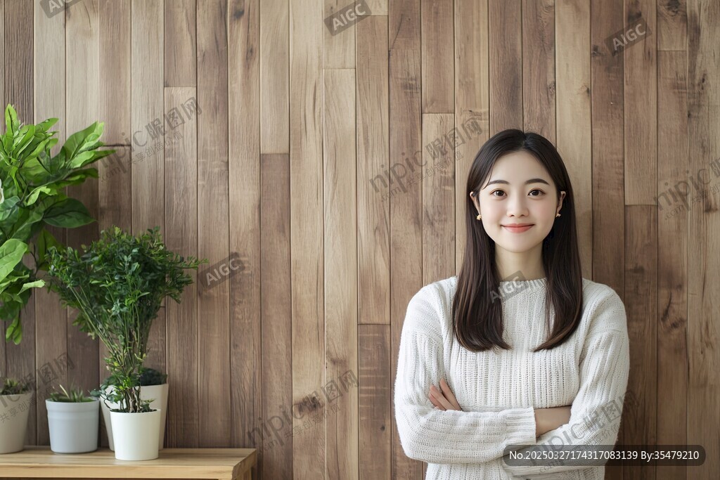 微笑女子與綠植相伴場景