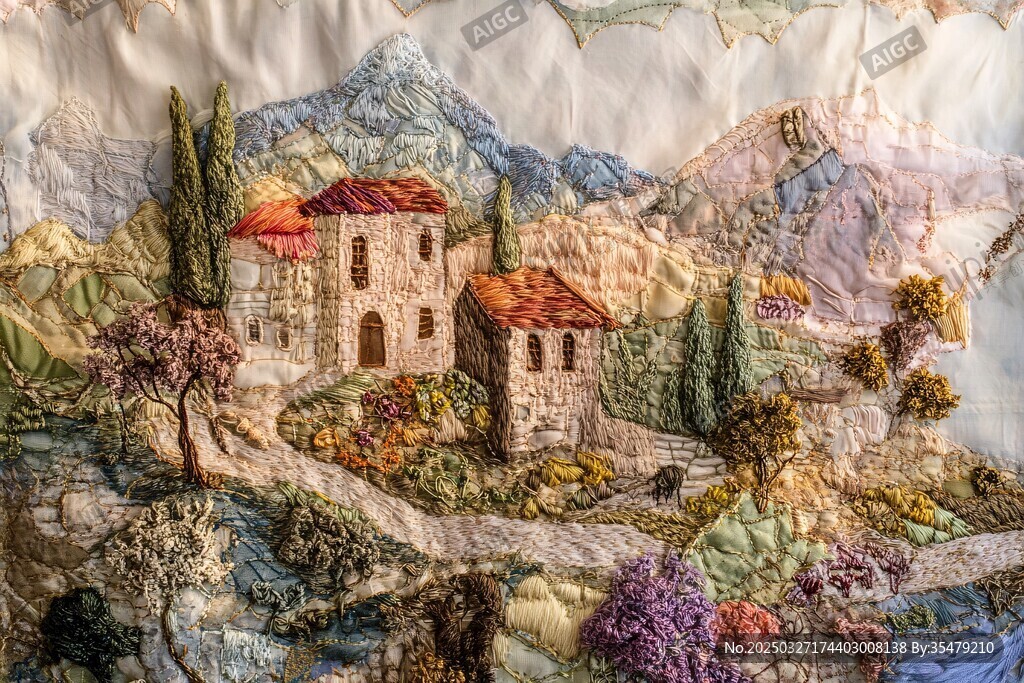 刺繡中的山間鄉(xiāng)村美景
