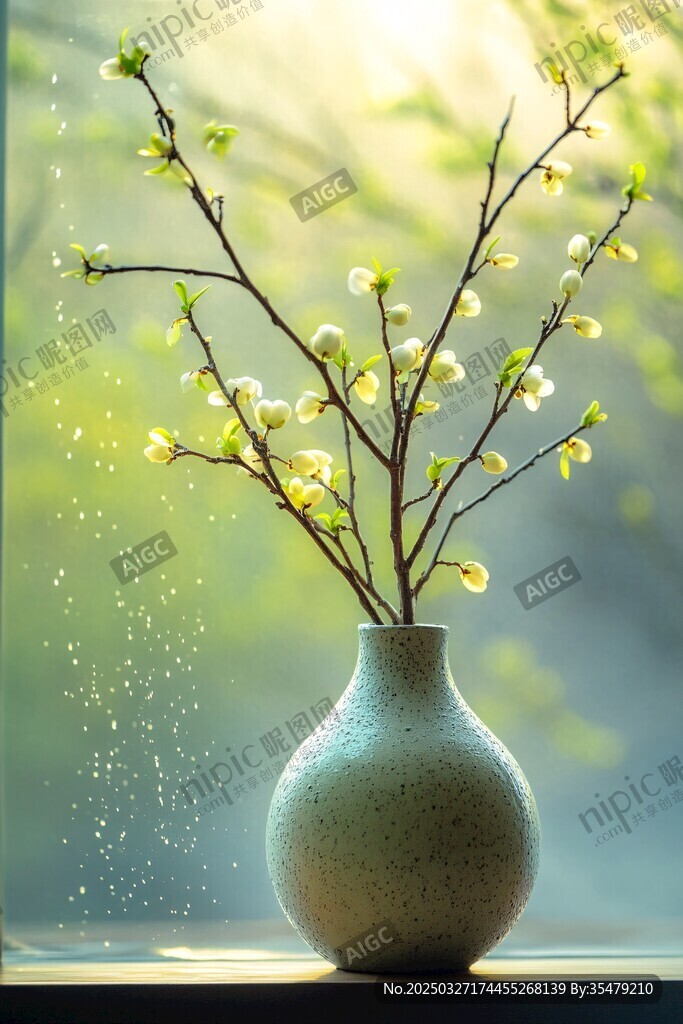 窗邊花瓶中的綻放花枝