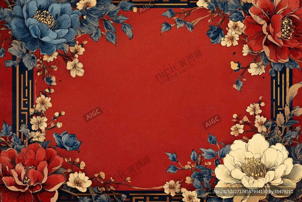 中式花卉紅底典雅邊框圖
