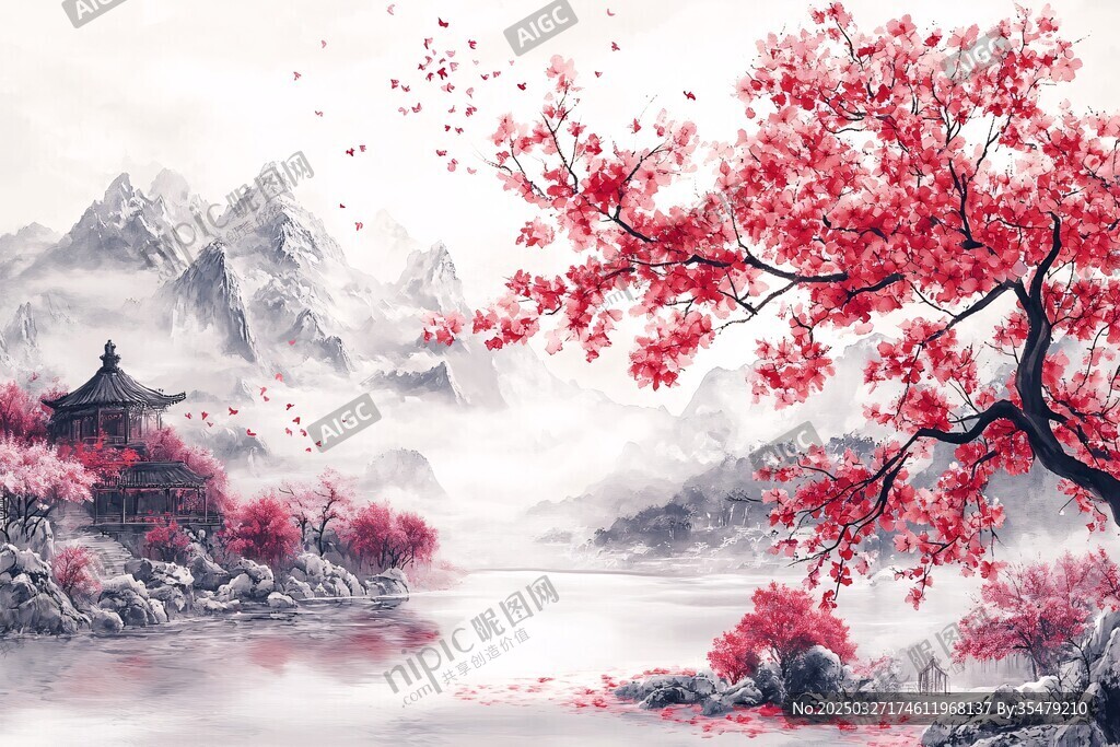 水墨紅梅山水詩(shī)意景致
