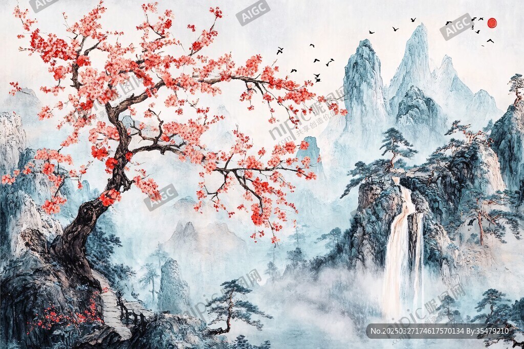紅梅映山水國畫意境圖
