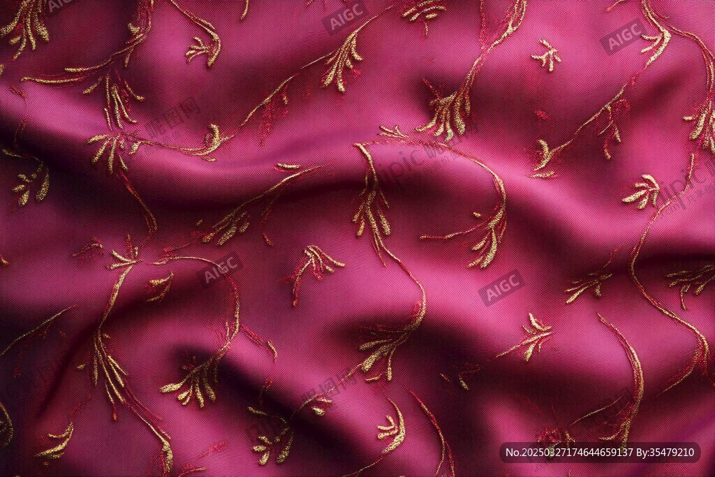玫紅底金線刺繡絲綢面料