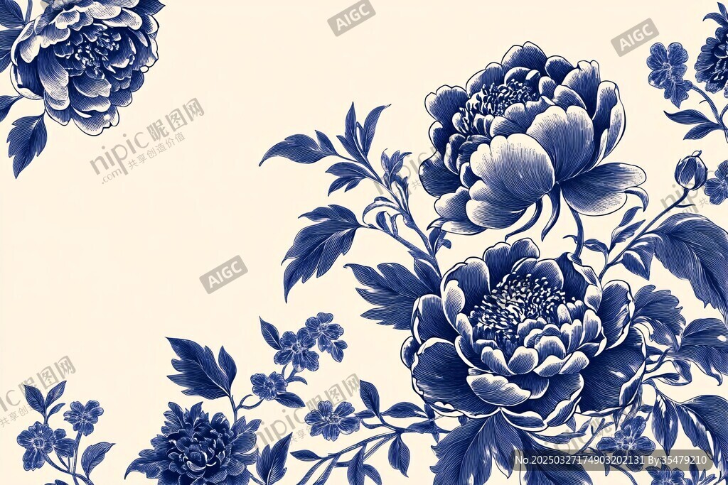 青花瓷風牡丹花卉圖案