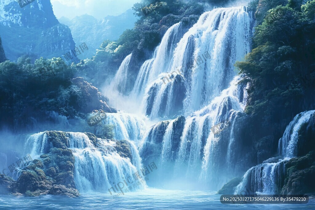 夢幻山間瀑布自然景觀