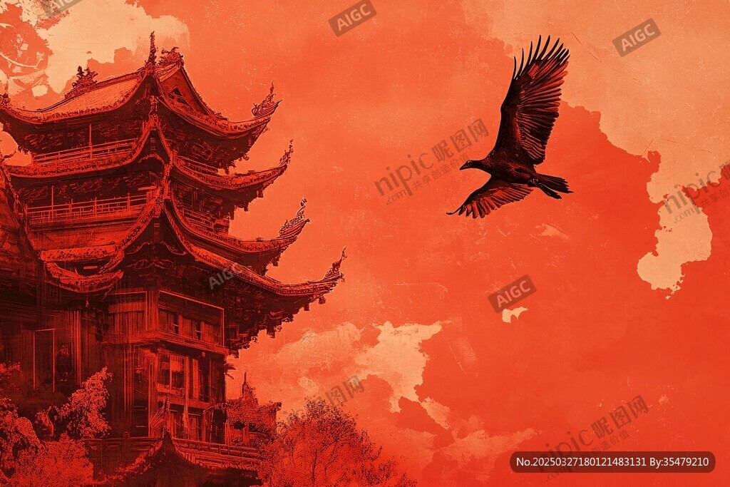 紅韻古樓飛鳥中式意境