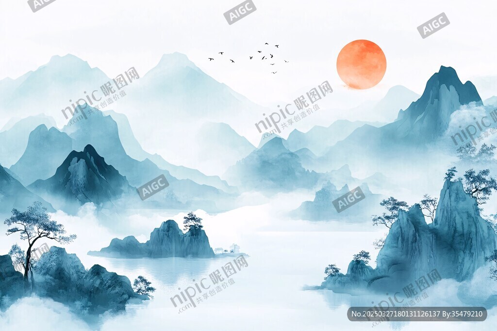 水墨山水間的日出美景