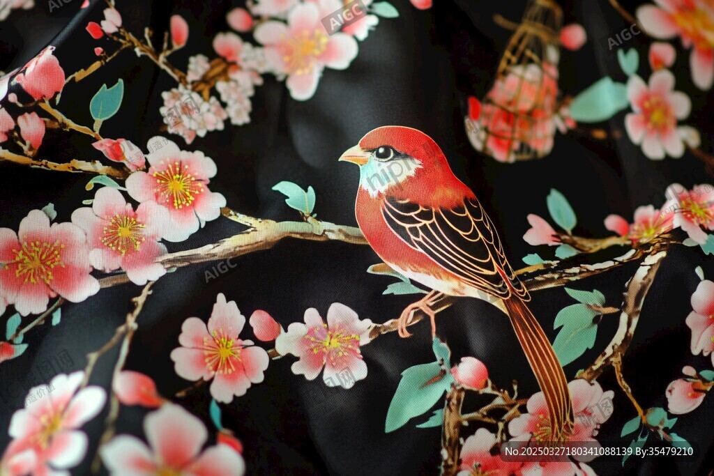 花鳥圖中一只紅羽小鳥
