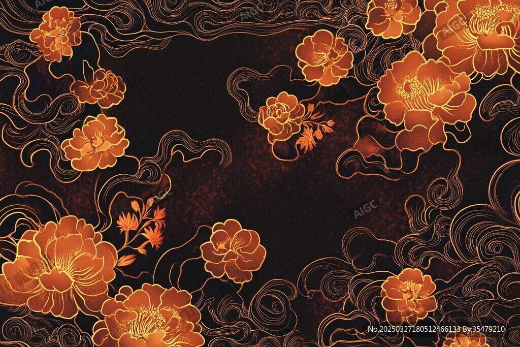 中式黑金牡丹花紋背景圖