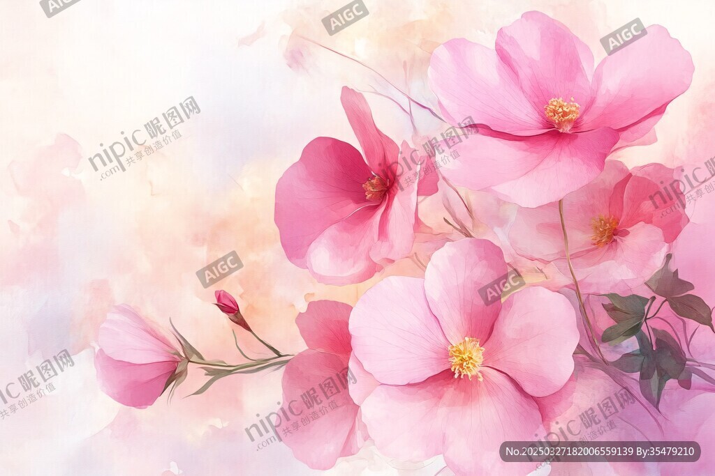 粉色花卉夢幻水彩畫