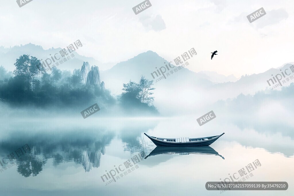 霧中孤舟伴飛鳥(niǎo)山水景