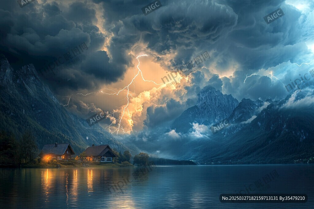 閃電劃破湖畔暗夜美景