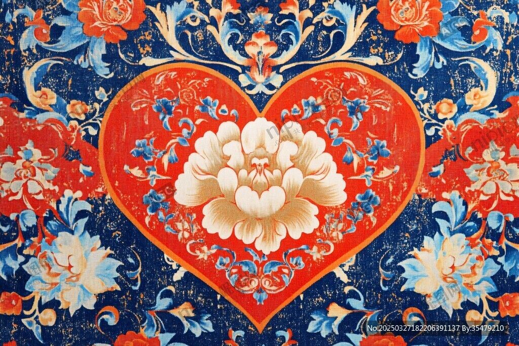 中式心形花卉刺繡圖案