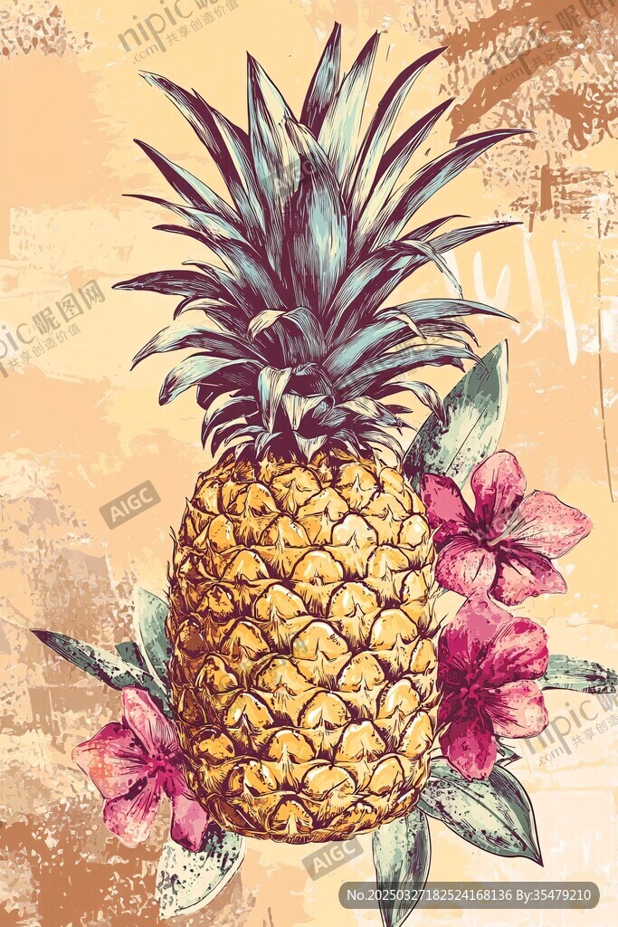復古風菠蘿與花卉插畫