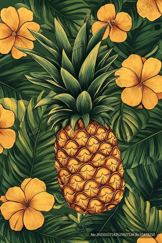 熱帶風情菠蘿花卉插畫