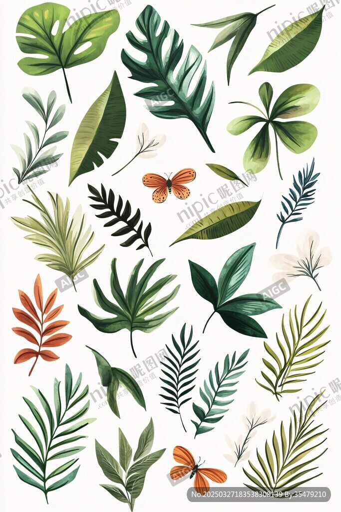 多彩植物葉片與蝴蝶插畫(huà)