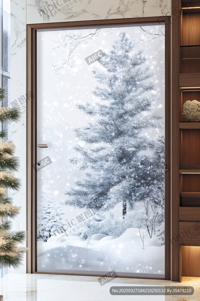 冬日雪景玻璃門裝飾畫