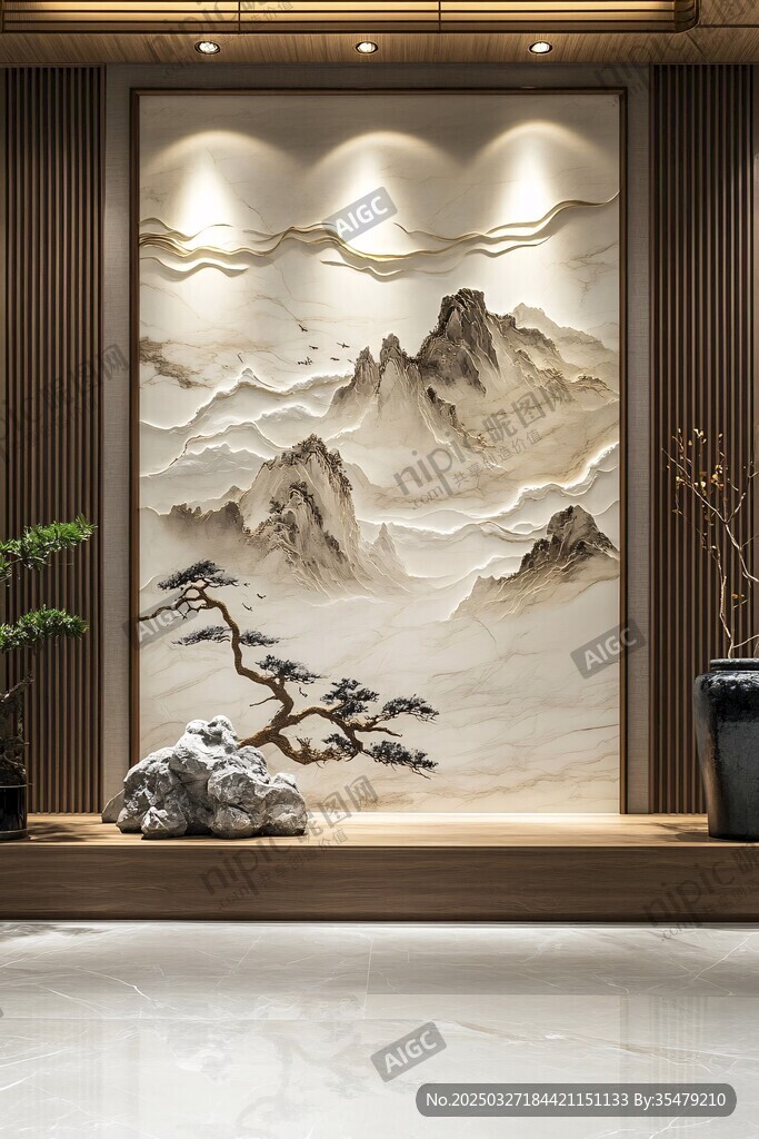 中式山水玄關背景墻裝飾