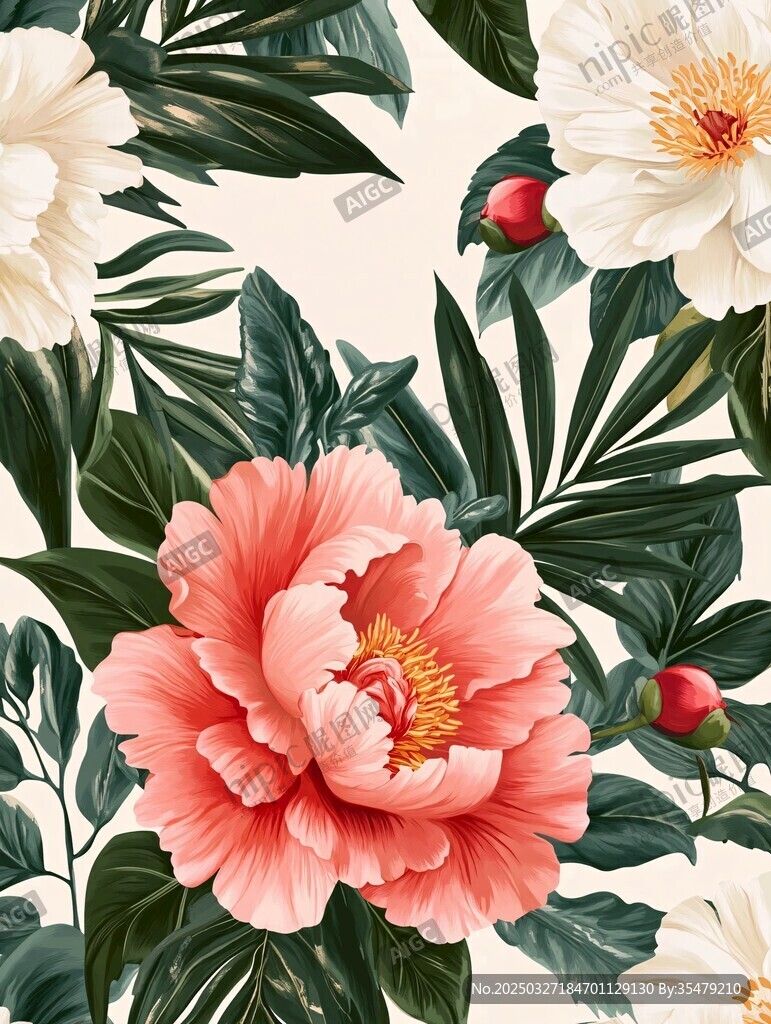 粉色白色花卉與綠葉圖案