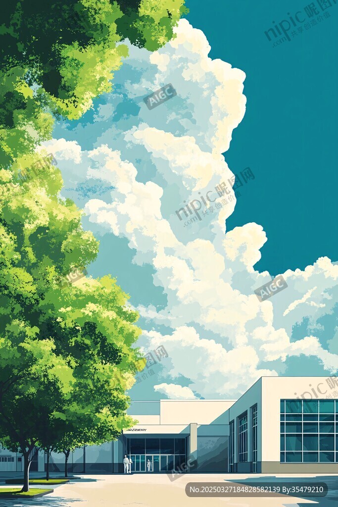 校園晴空下的綠意建筑