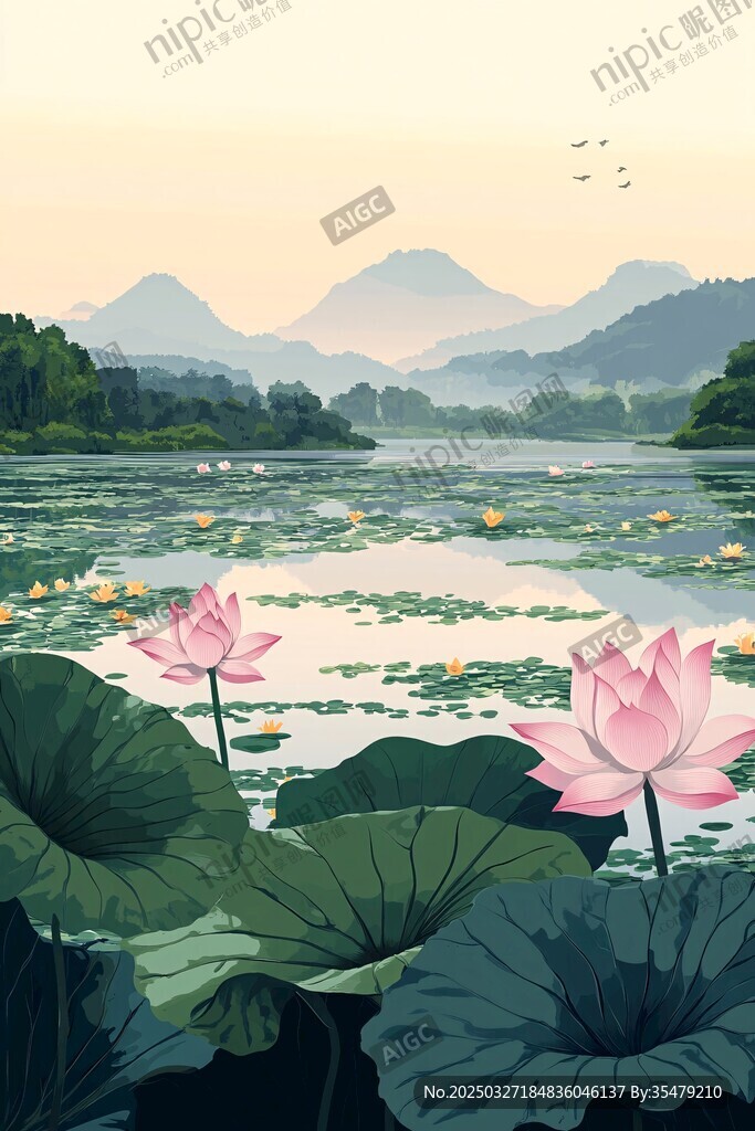 夏日荷塘山水詩意美景