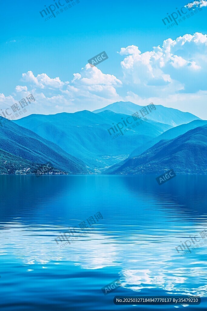 藍(lán)色山水間的靜謐湖景